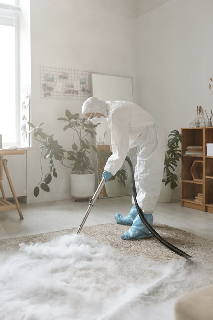 A person dressed in full protective white cleaning suit, including a hood, mask, gloves, and blue shoe covers, is performing deep cleaning on a cream-colored, textured carpet in a well-lit, modern living room. The individual is using a professional carpet cleaning vacuum with a long metal wand to remove dirt and dust from the surface. The room features white walls, wooden furniture, and large potted plants, contributing to a clean and tidy atmosphere. Natural light streams in from a window on the left, emphasizing the freshness and cleanliness of the space. The setting highlights a thorough sanitisation process by Carpet Cleaners Dulwich, demonstrating surface cleaning and maintenance of domestic carpets.