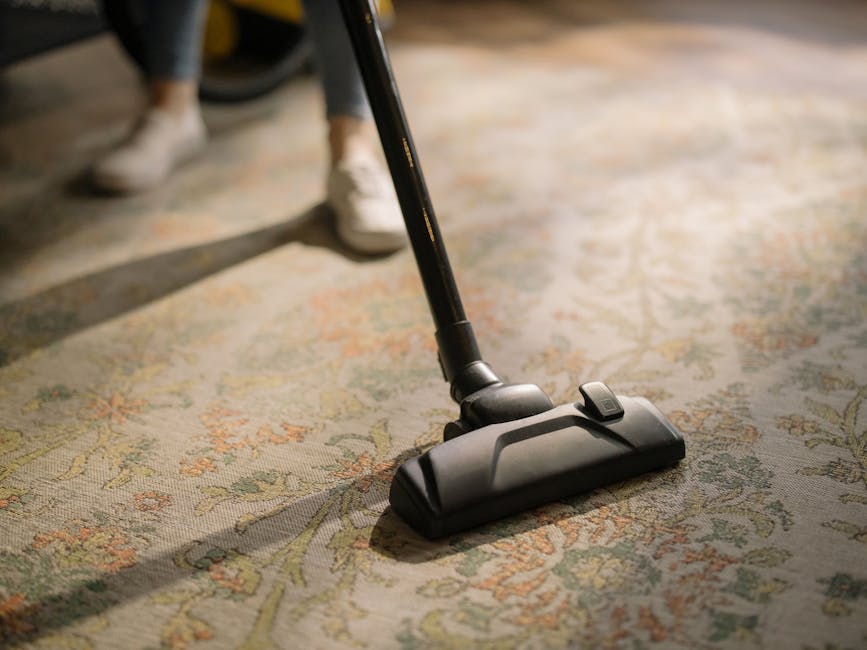 Close-up of a modern vacuum cleaner with a black and gray body, being used to deep clean a patterned area rug with floral motifs in shades of beige, green, and orange, in a well-lit residential living